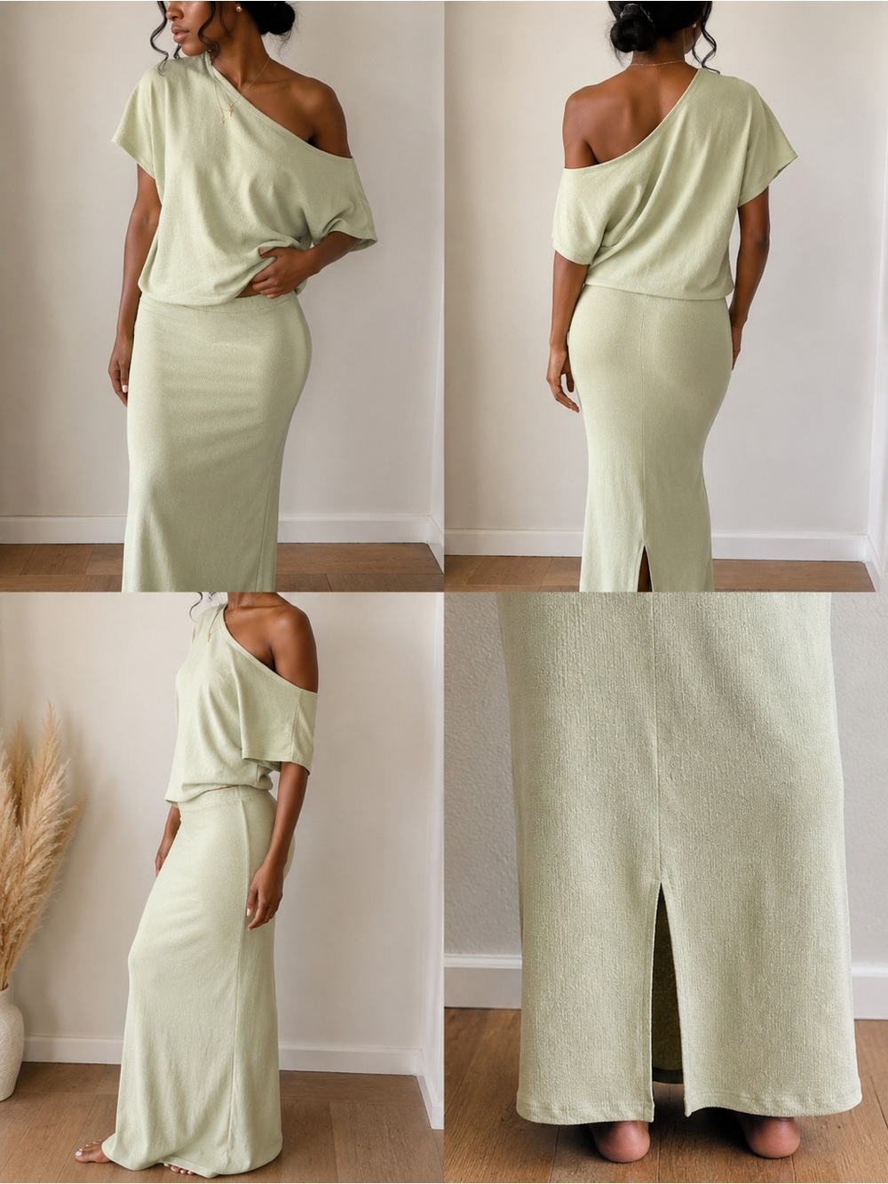 Off-Shoulder Lightweight Maxi Skirt in Sage Green
